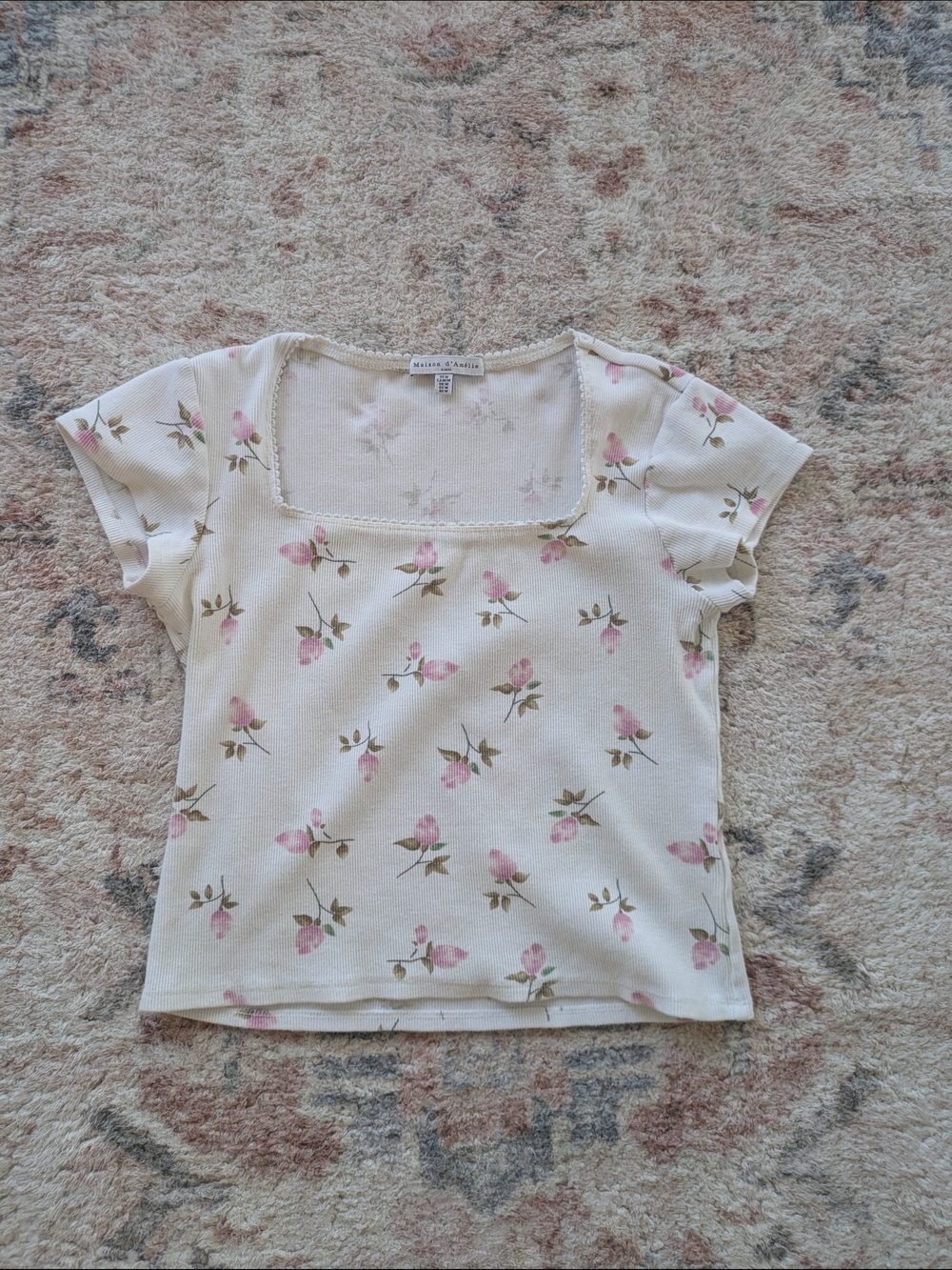 Maison D'Amelie Floral Square-Neck Short Sleeve Top - Pink on Cream